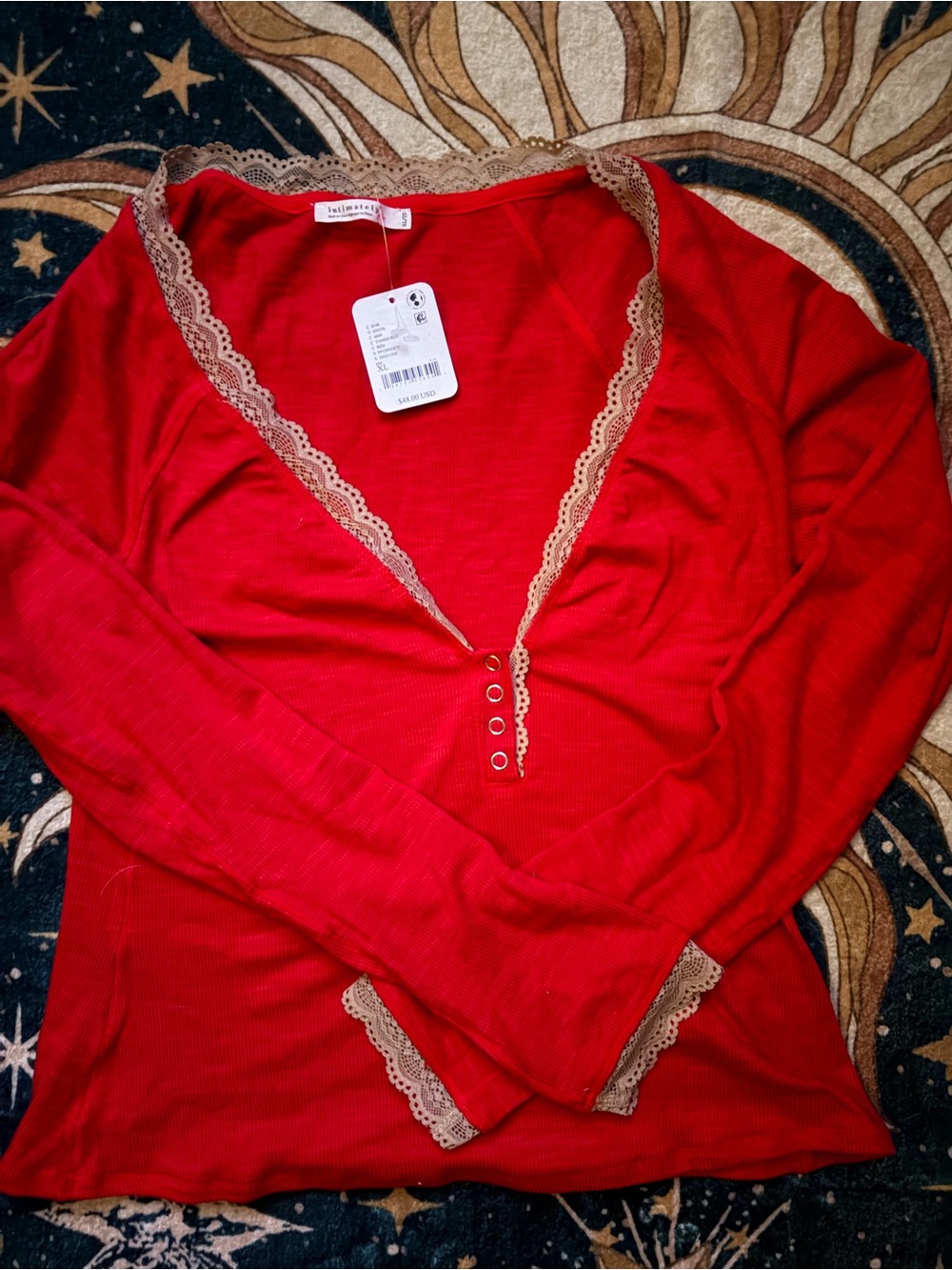 NWT Intimately Free People Lace Trim Henley Top – Size XL